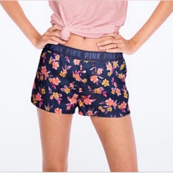 PINK Victoria’s Secret Flannel Blue Boxers With An Orange/Yellow Floral Pattern - Picture 1 of 9